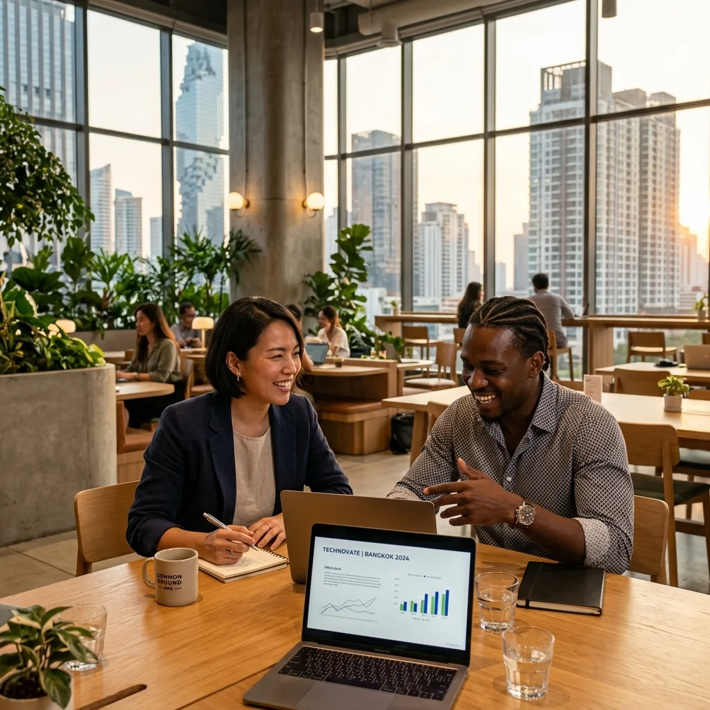 Two founders collaborating over a laptop in a modern co-working office in Bangkok